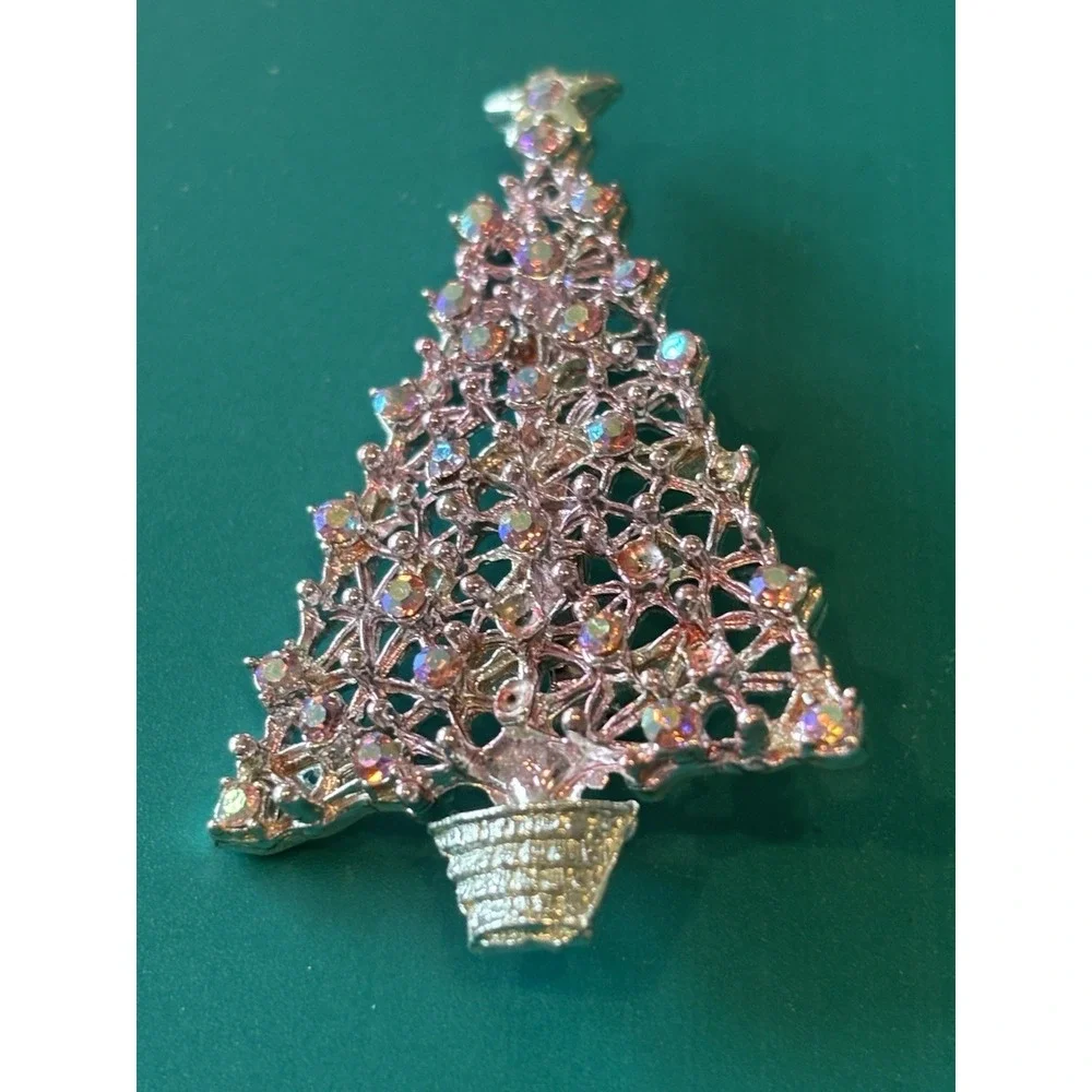 Pink Rhinestone Iridescent Christmas Tree Brooch Vintage And Cute Snowman Pin